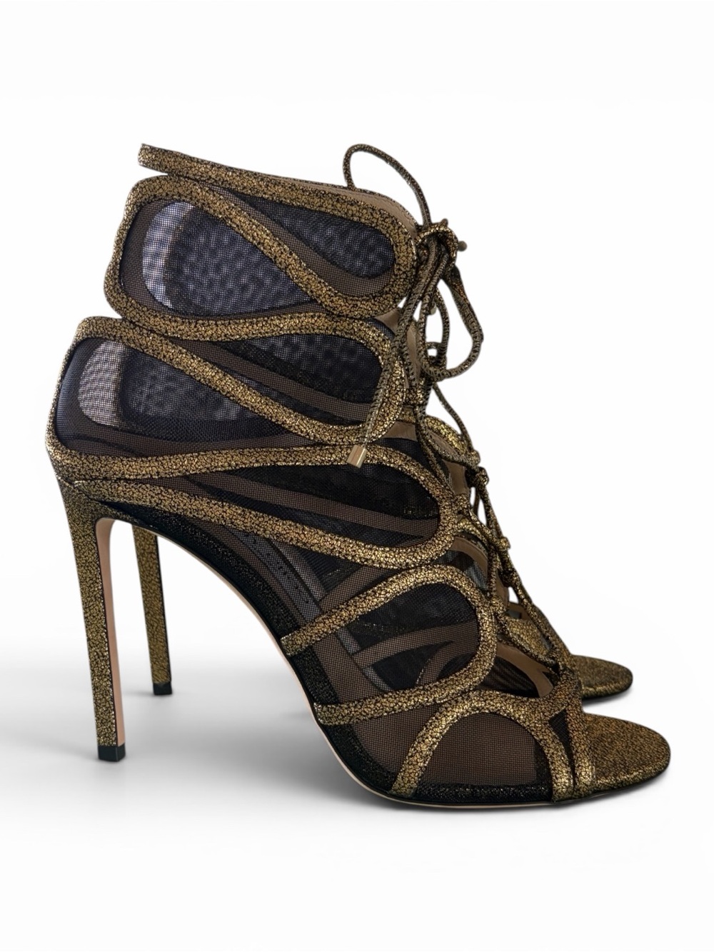 Jimmy Choo Gold Glitter Lace-Up Mesh Stiletto Sandals